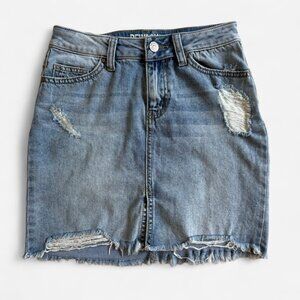 high waisted light wash distressed stretch denim mini skirt